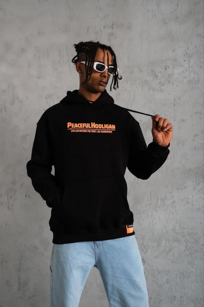 Sweatshirtê Mêran ê Reş Oversize 3 Têl Pembû Bi Kulp û Çap û Berîk 2