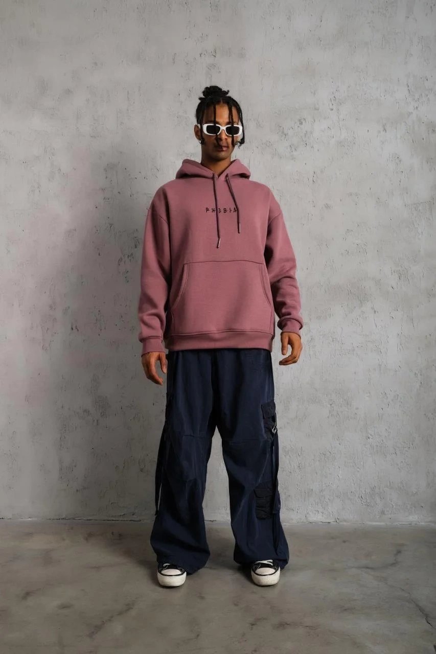 Muška roze oversize 3-niti pamučna štampana kapuljačasta dukserica 3