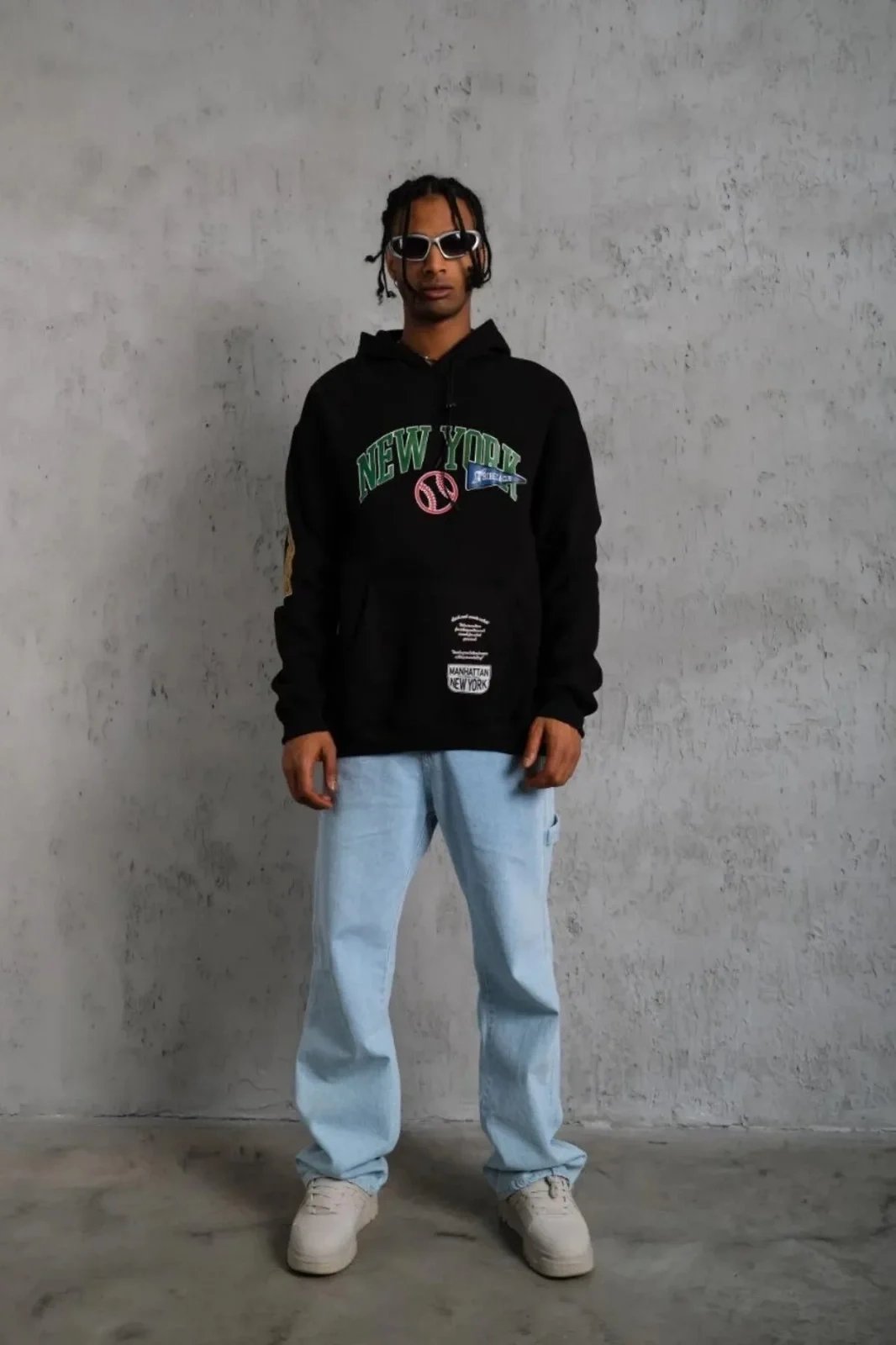 Muški crni oversize 3-nitni pamučni hoodie s printom 2