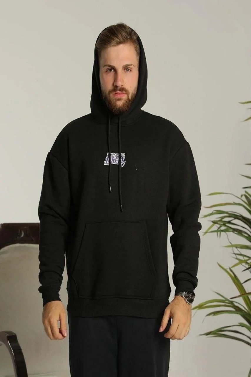 Машка црна oversize 3-нишки памучна качулка со џеб и принт 2