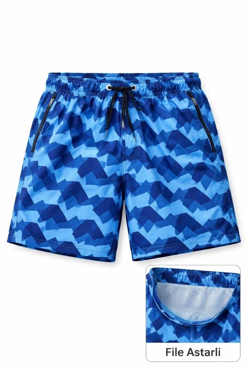 Men's Blue Zippered Pocket Mesh Lined Quick-Dry Swim Shorts 2