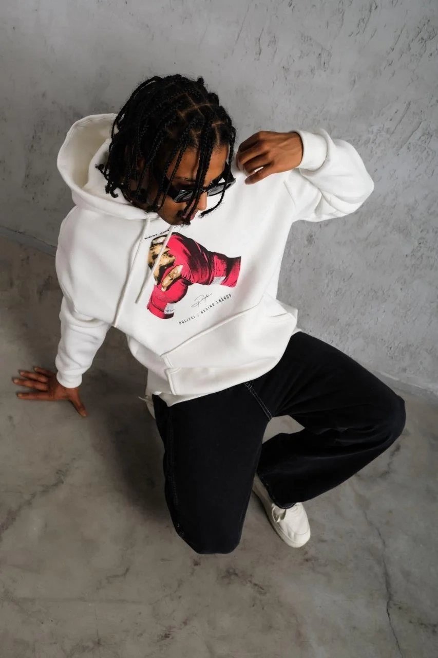 Erkek Beyaz Oversize Kapüşonlu Baskılı 3 İplik Sweatshirt 2