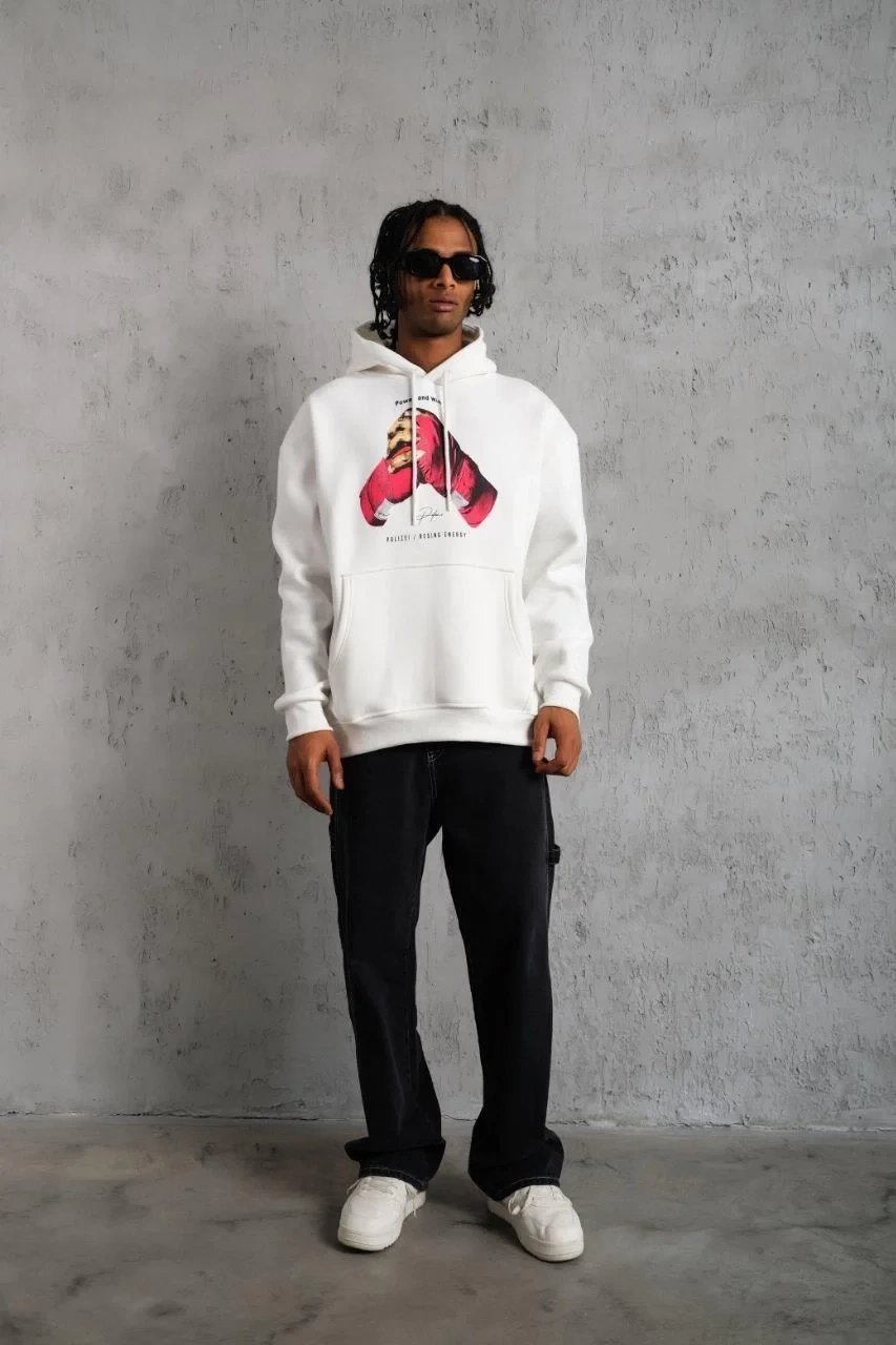 Erkek Beyaz Oversize Kapüşonlu Baskılı 3 İplik Sweatshirt 4