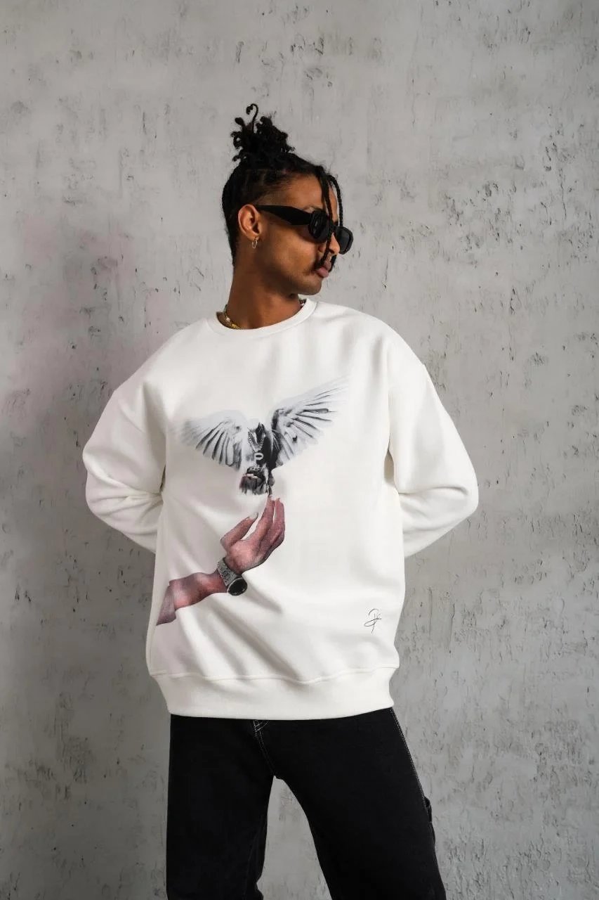 Férfi Fehér 3 Szálas Pamut Galamb Nyomott Kerékpárnyakú Sweatshirt 2