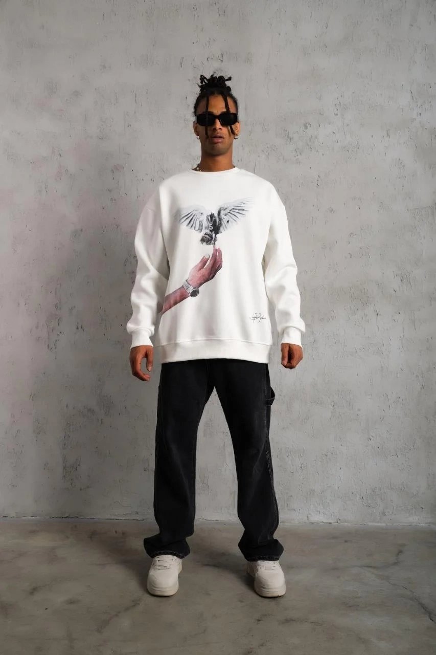 Férfi Fehér 3 Szálas Pamut Galamb Nyomott Kerékpárnyakú Sweatshirt 3