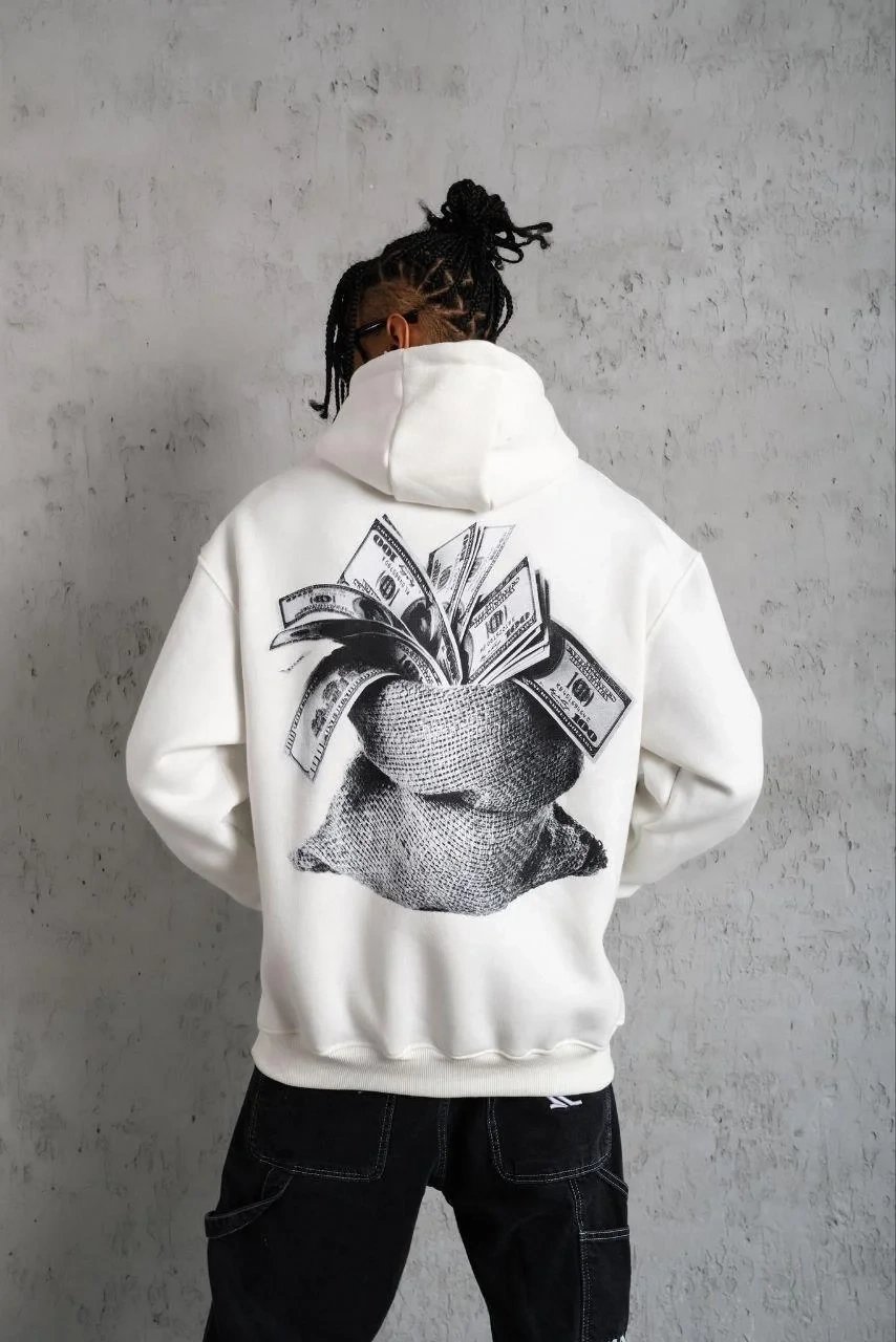 Pánské bílé oversized 3-nitní bavlněné kapucové potištěné mikiny s kapsou 2