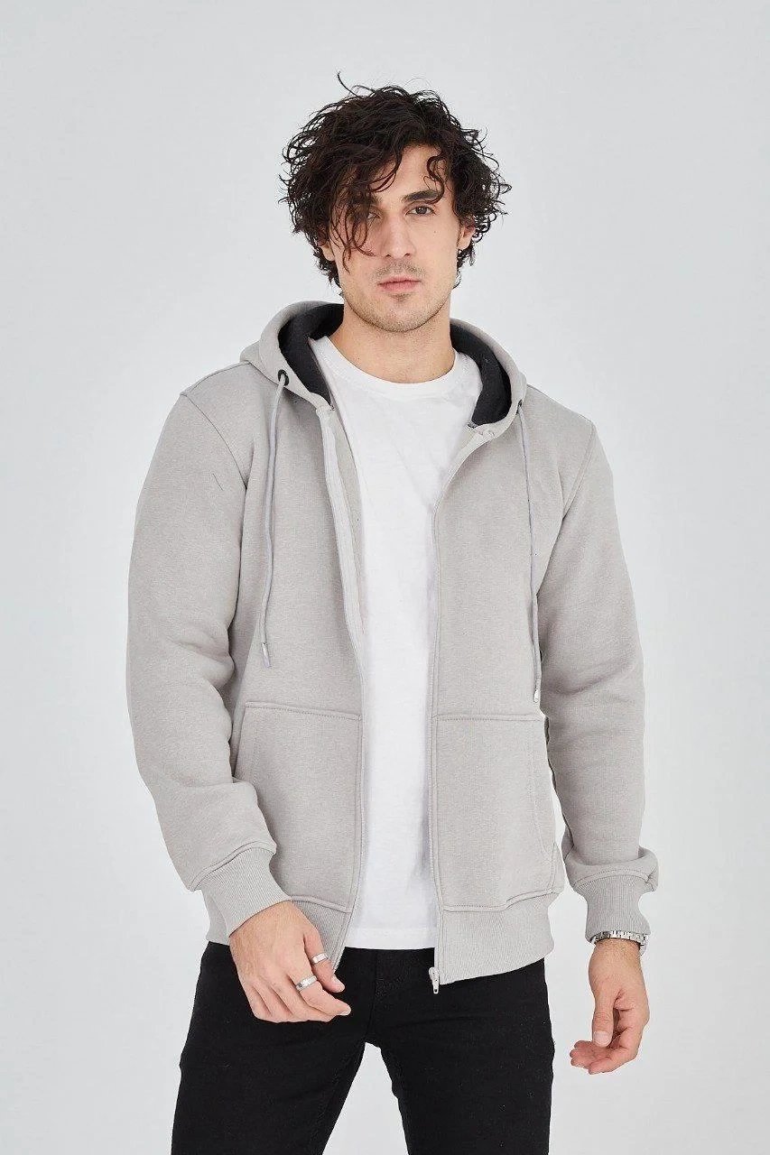 Kişi Boz 3 İplik Pambıqlı Fermuarlı Başlıqlı Kenquru Cibli Hoodie 2
