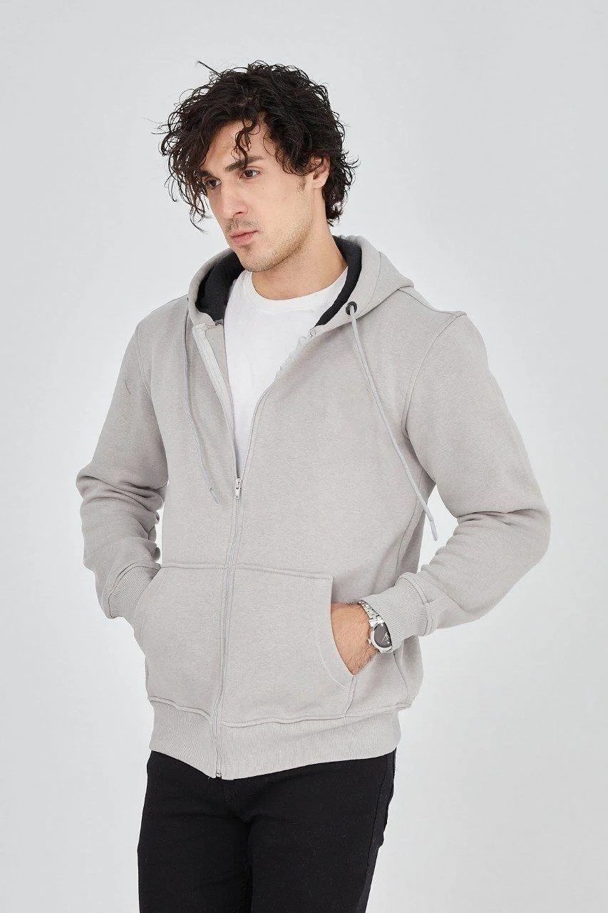 Kişi Boz 3 İplik Pambıqlı Fermuarlı Başlıqlı Kenquru Cibli Hoodie 3