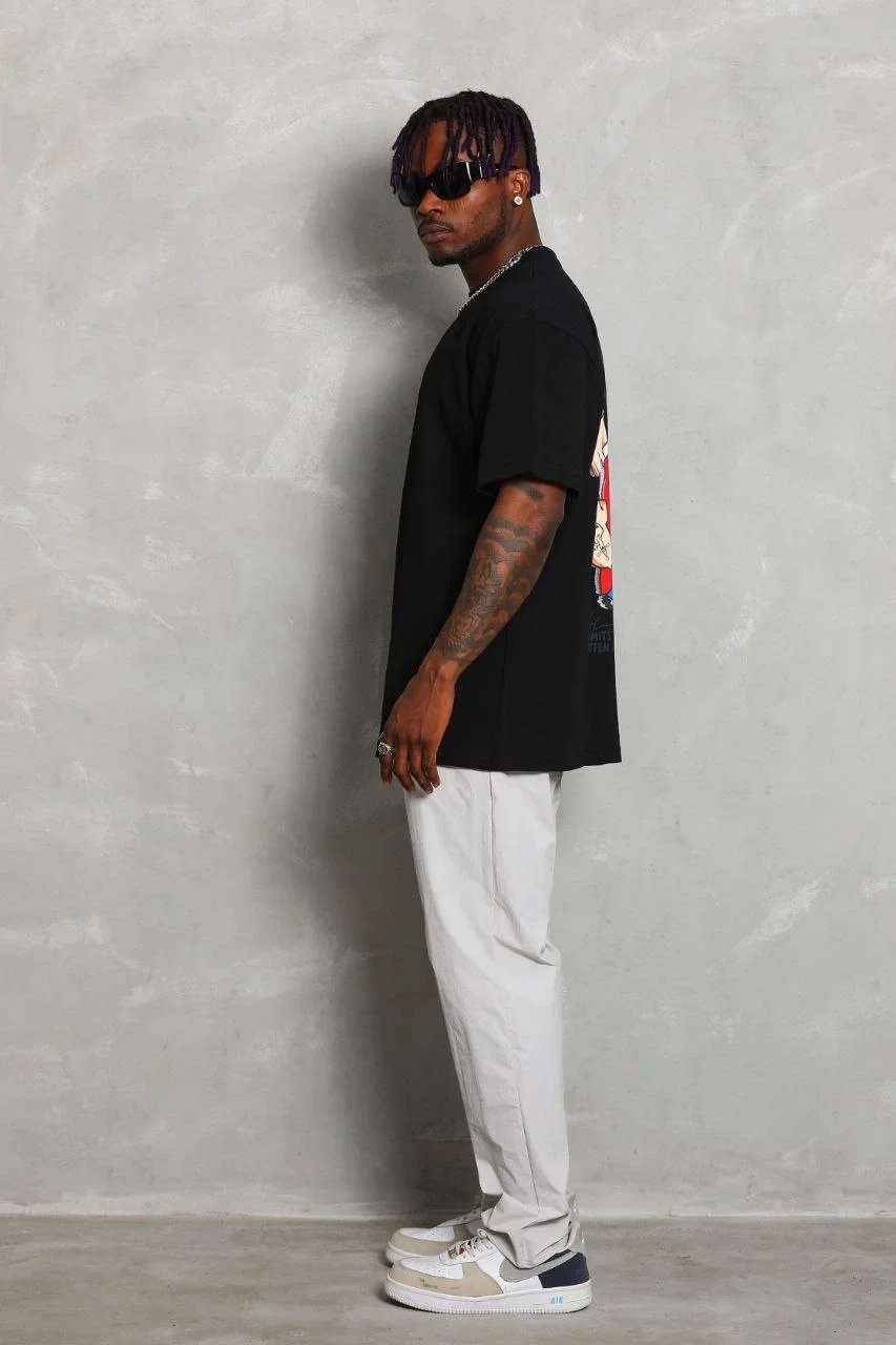 Men's Black Oversize Crew Neck Printed T-Shirt 4