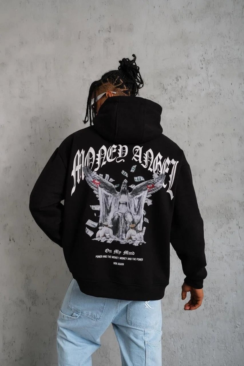 Sweatshirtê Mêran ê Reş 3 Têl Pembû Bi Çap û Kulp û Berîk 2