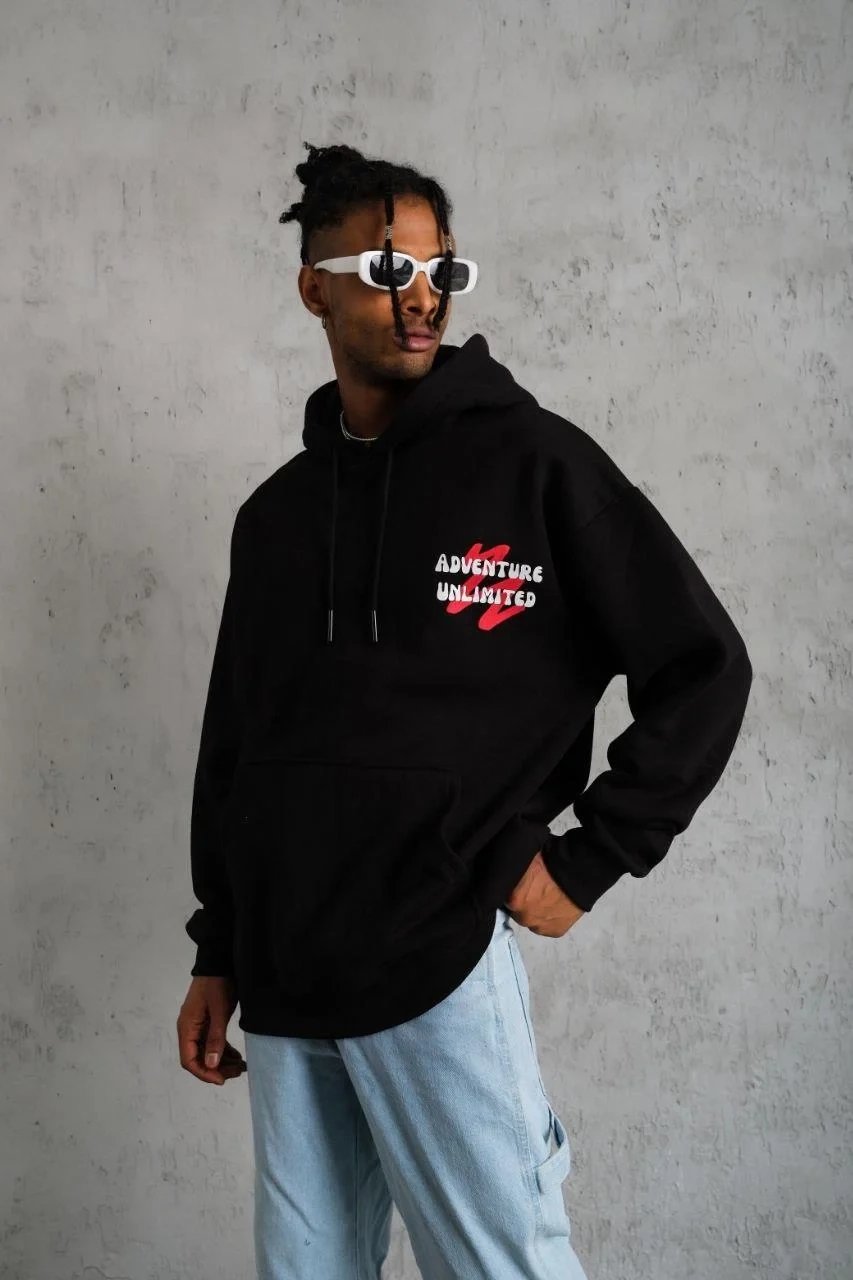 Pánské černé oversized 3-nitní bavlněné kapucové potištěné mikiny 3