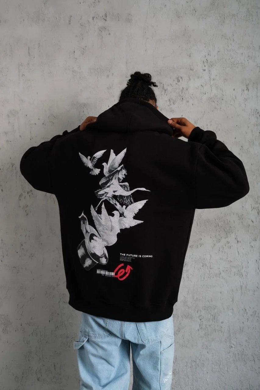 Pánské černé oversized 3-nitní bavlněné kapucové potištěné mikiny 4