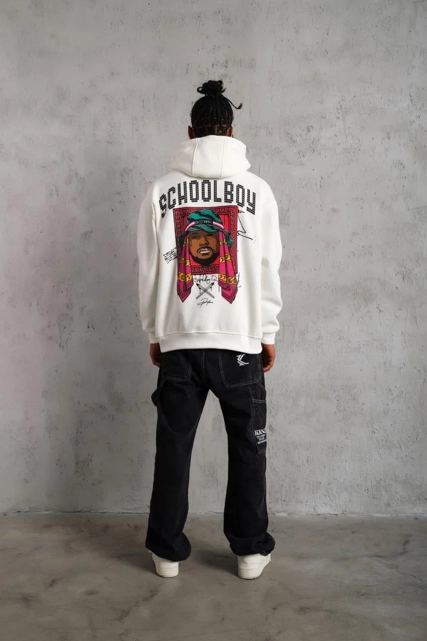 Muški bijeli oversize 3-niti pamučni s kapuljačom tiskani s džepom sweatshirt 3