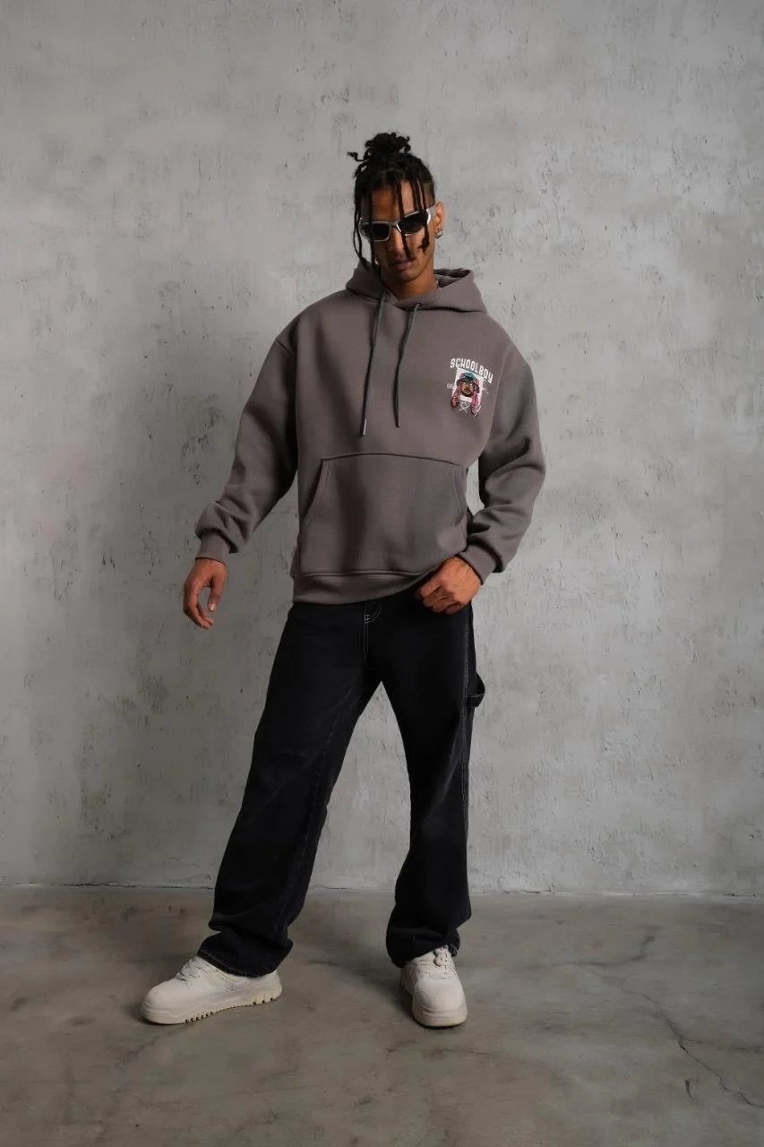 Men's Gray Oversize 3-Thread Cotton Hooded Printed Sweatshirt with Pockets 4