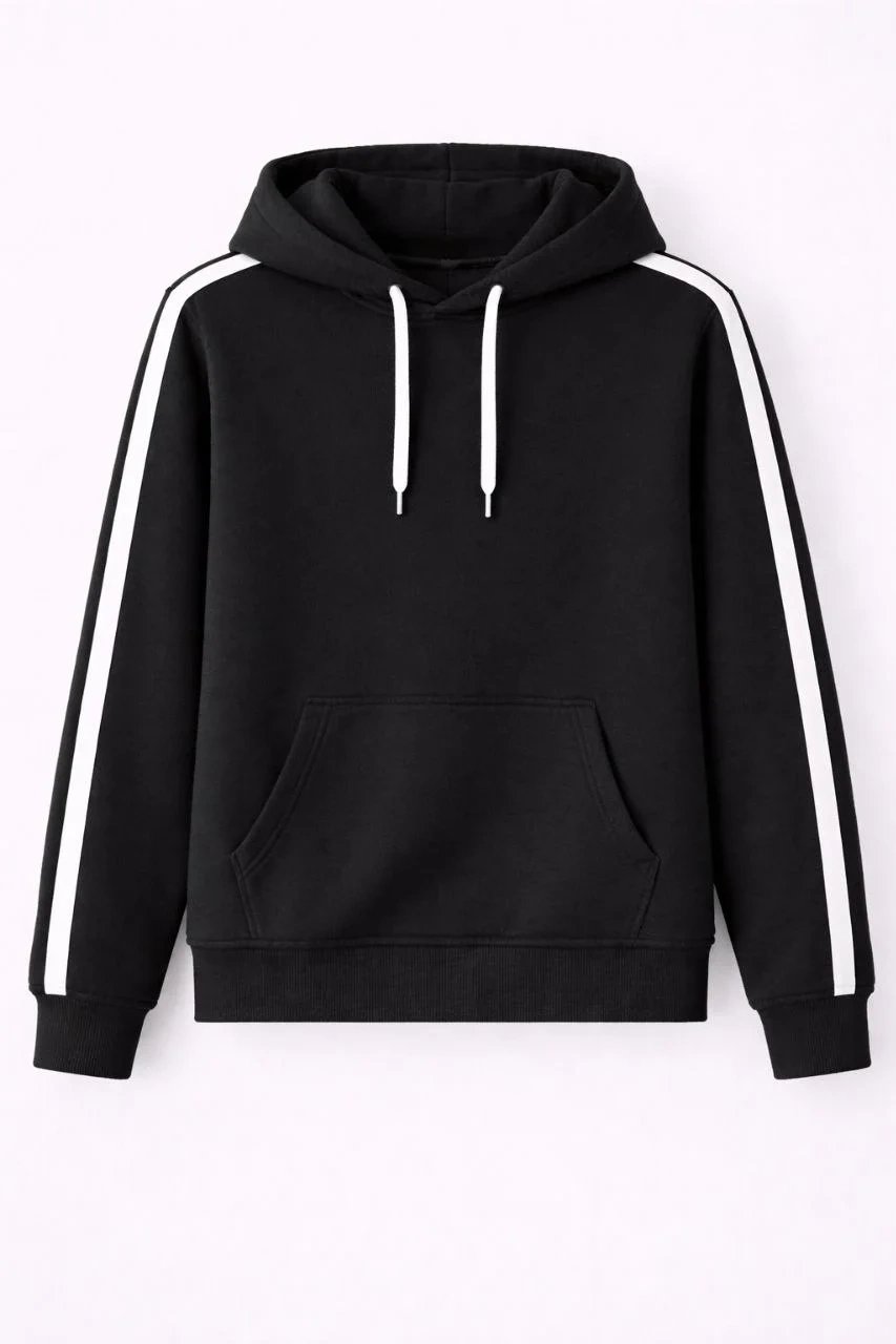 Férfi fekete oversized 3 szálas pamut csíkos kapucnis sweatshirt 2