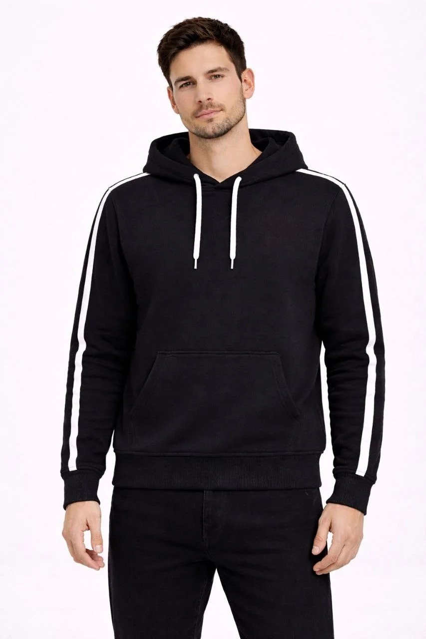 Férfi fekete oversized 3 szálas pamut csíkos kapucnis sweatshirt 3