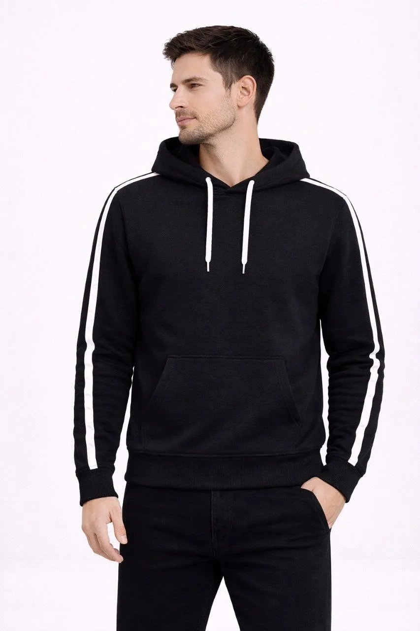 Férfi fekete oversized 3 szálas pamut csíkos kapucnis sweatshirt 4