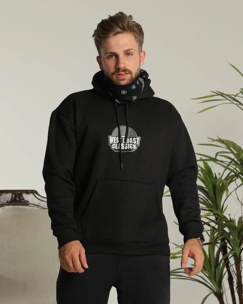 Férfi Fekete Oversize 3 Szálas Pamut Kapucnis Nyomtatott Sweatshirt 5