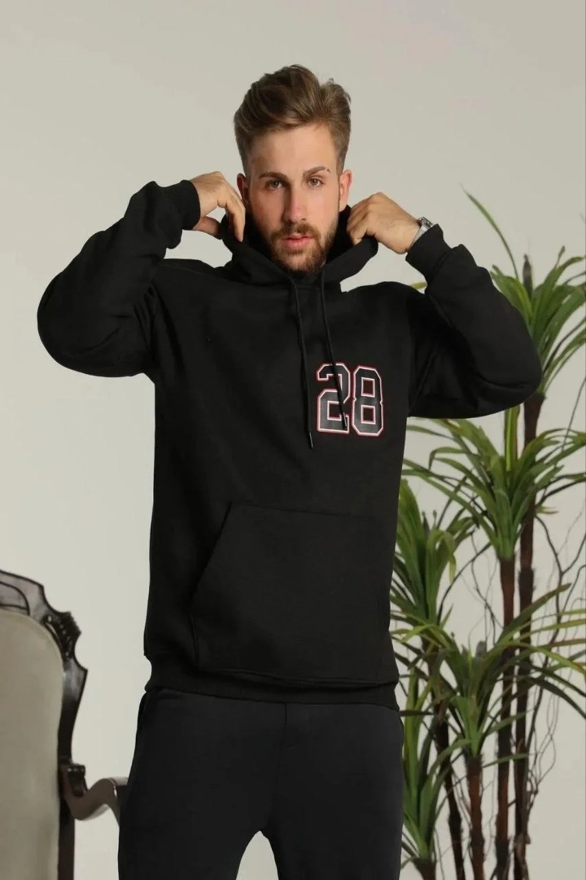 Bărbați Negru Oversize 3 Fire Bumbac Imprimat Glugă Sweatshirt 2
