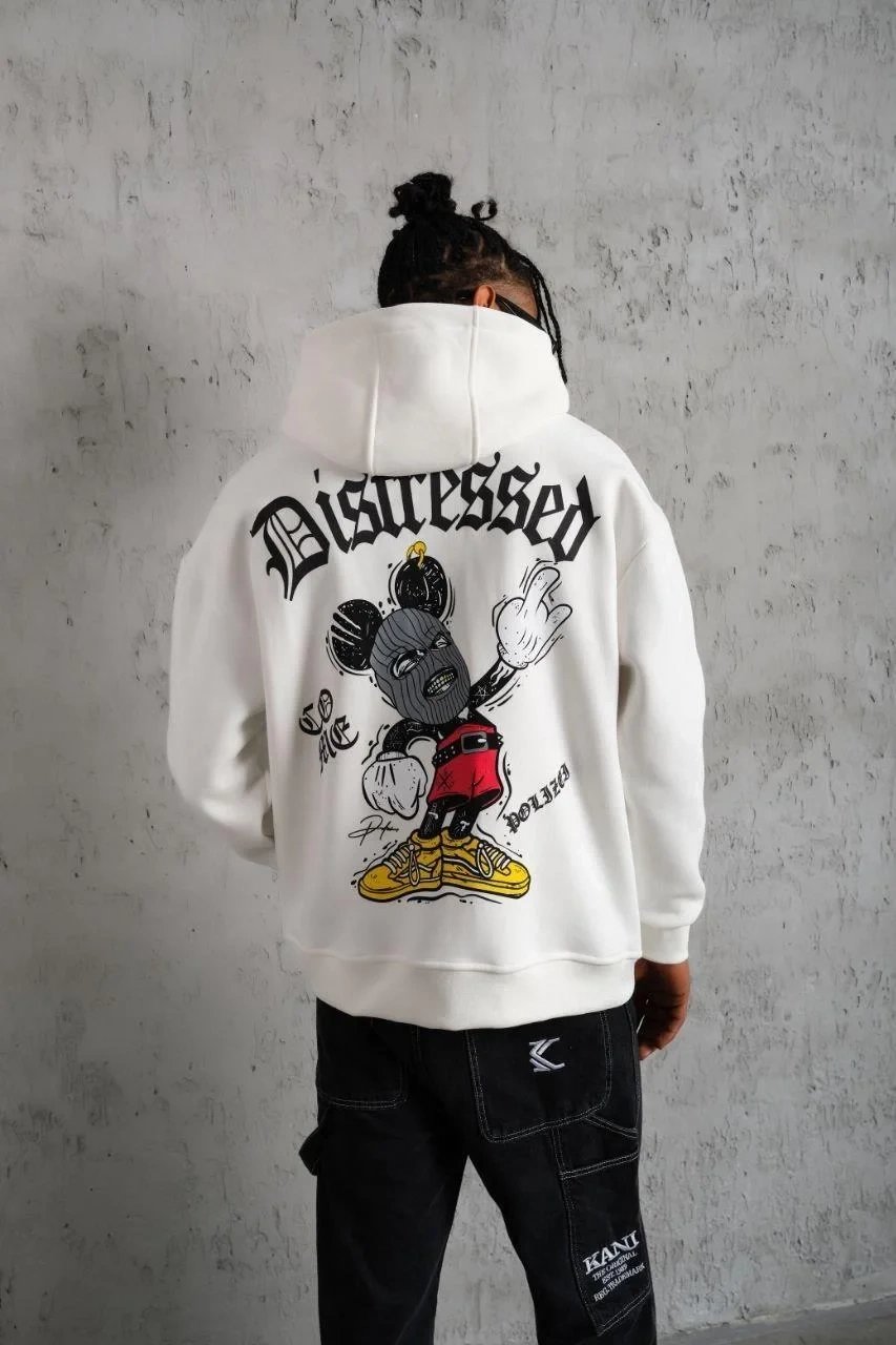 Bărbați Alb Oversize 3 Fire Bumbac Glugă Imprimat Cu Buzunar Sweatshirt 2