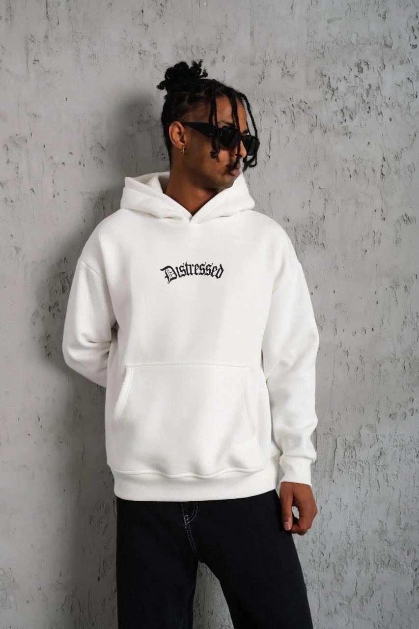 Bărbați Alb Oversize 3 Fire Bumbac Glugă Imprimat Cu Buzunar Sweatshirt 3