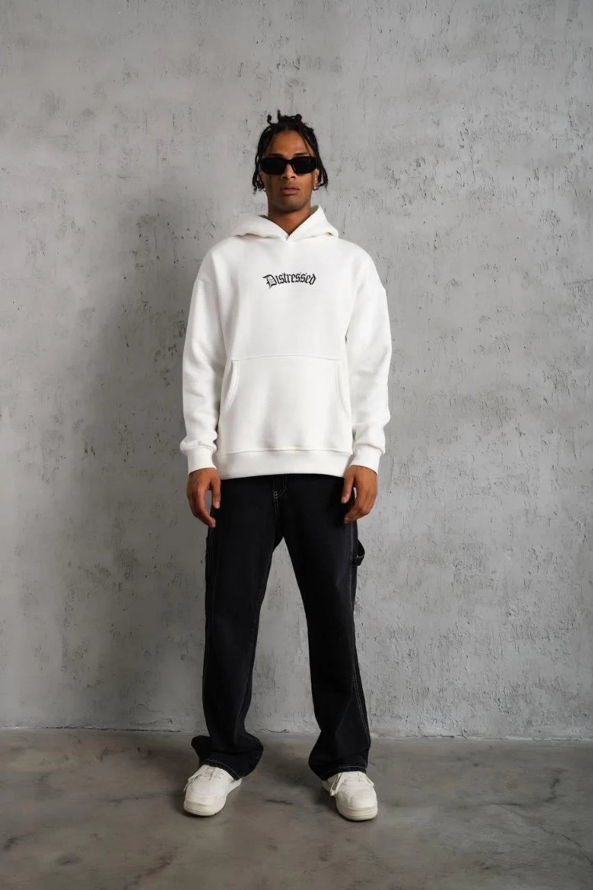 Bărbați Alb Oversize 3 Fire Bumbac Glugă Imprimat Cu Buzunar Sweatshirt 5