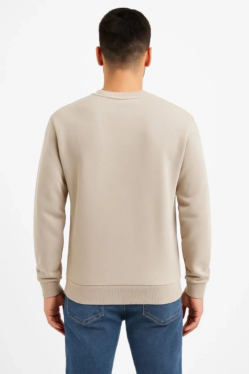 Men's Beige 3-Thread Cotton Plain Crew Neck Sweatshirt 3