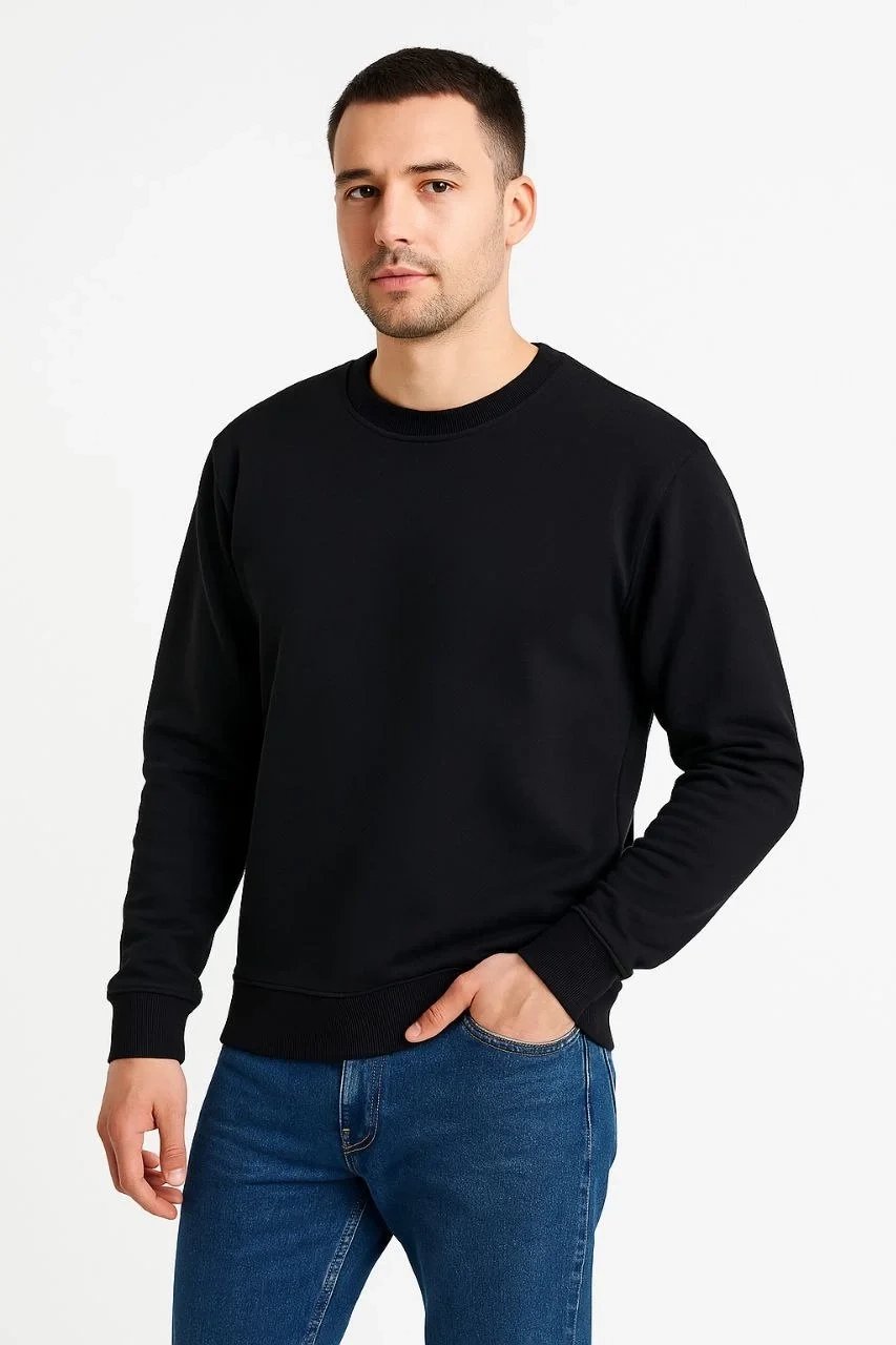 Men's Black 3-Thread Cotton Crew Neck Sweatshirt 4