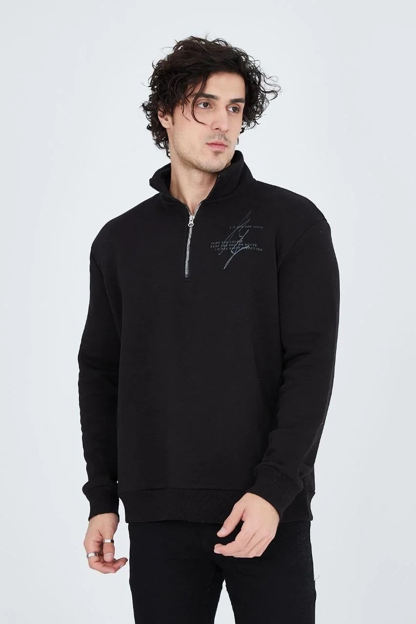 Men's Black Half-Zip 3-Thread Cotton Printed Sweatshirt 2