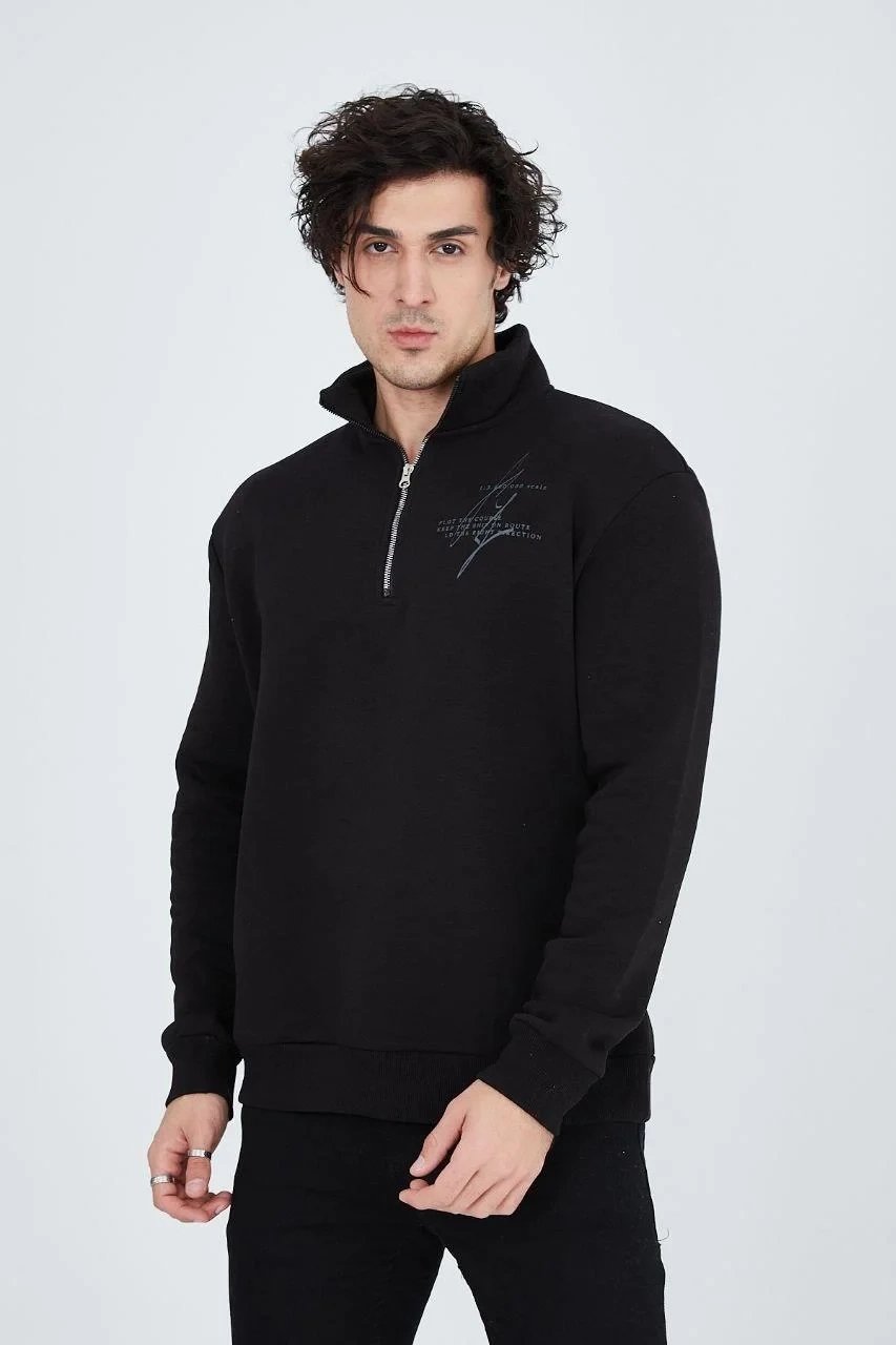 Men's Black Half-Zip 3-Thread Cotton Printed Sweatshirt 3
