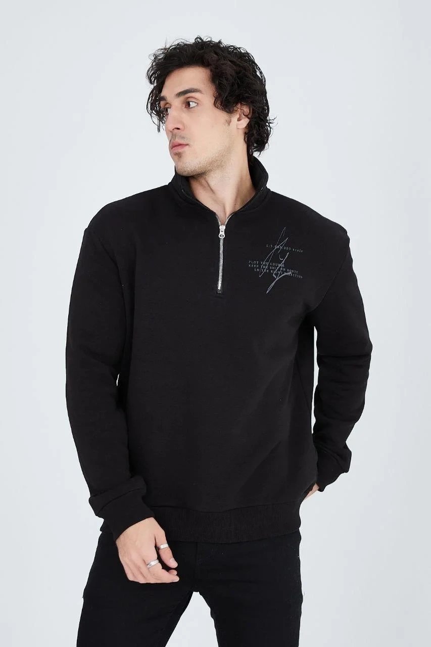 Men's Black Half-Zip 3-Thread Cotton Printed Sweatshirt 6