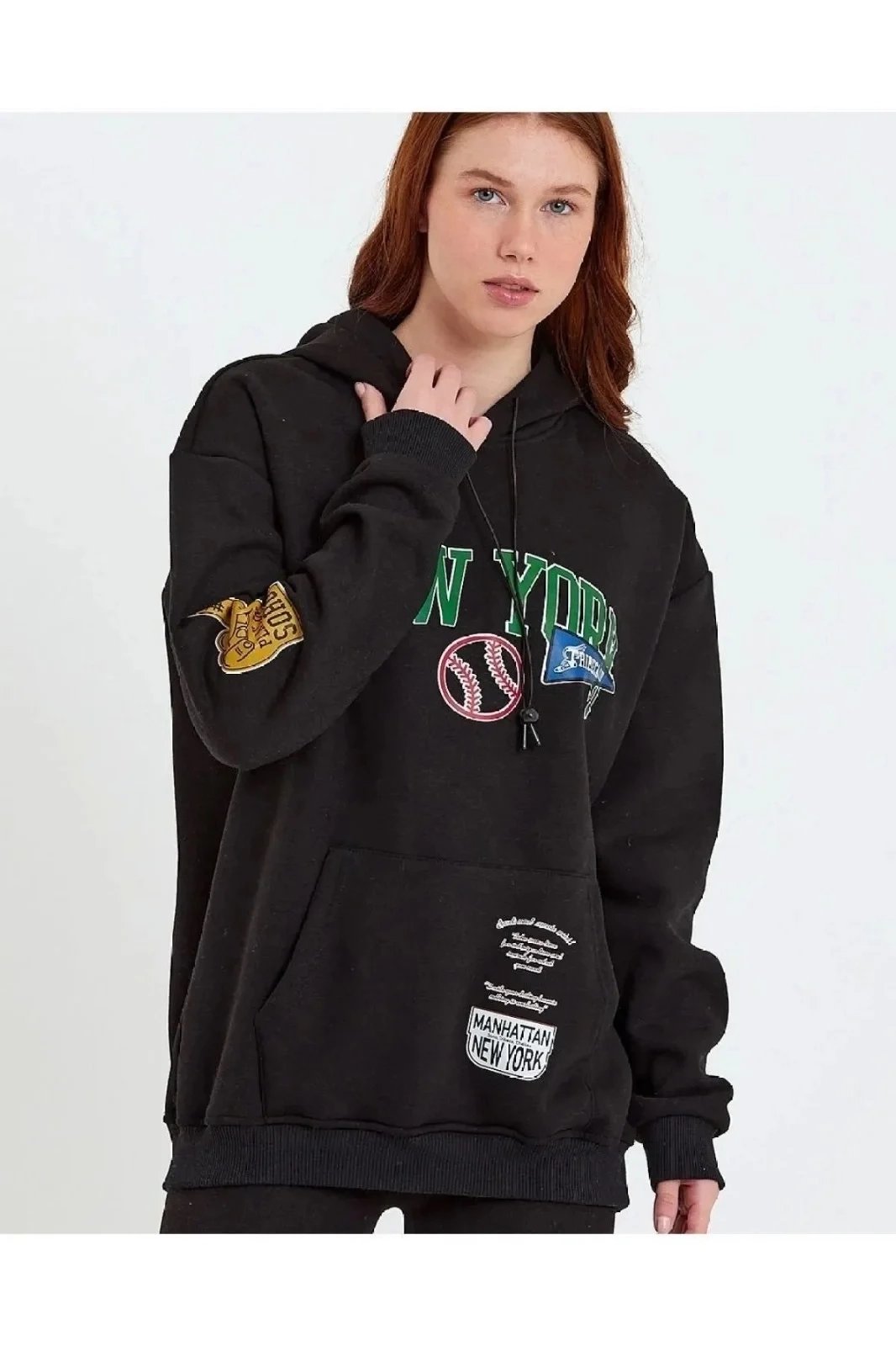 Women's Black Oversize Hooded Front Arm Printed 3-Thread Cotton Sweatshirt 2