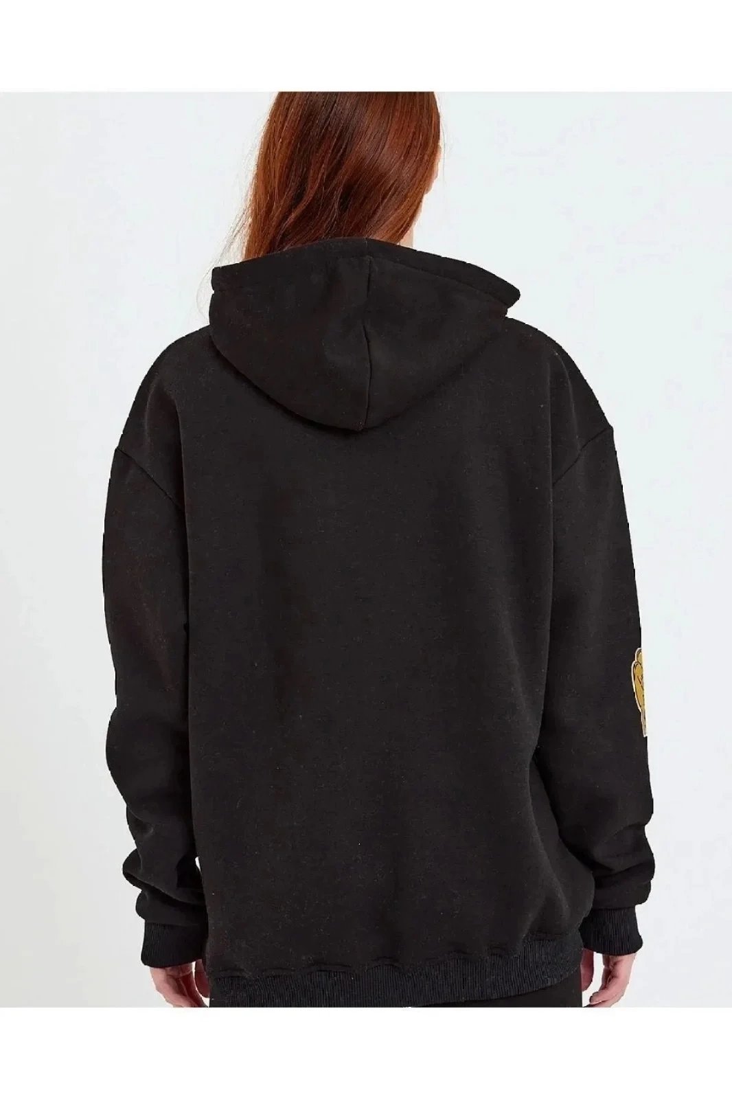 Women's Black Oversize Hooded Front Arm Printed 3-Thread Cotton Sweatshirt 3