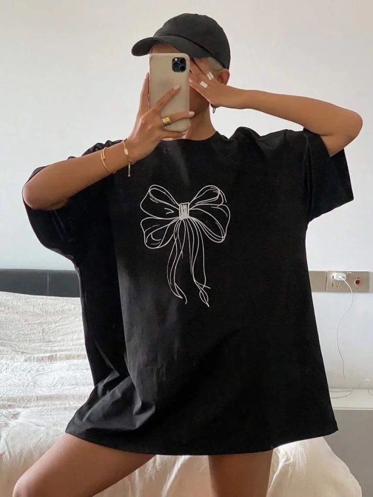 Femea Neagra Oversize Guler Bicicleta Tricou cu Imprimeu Funda 4