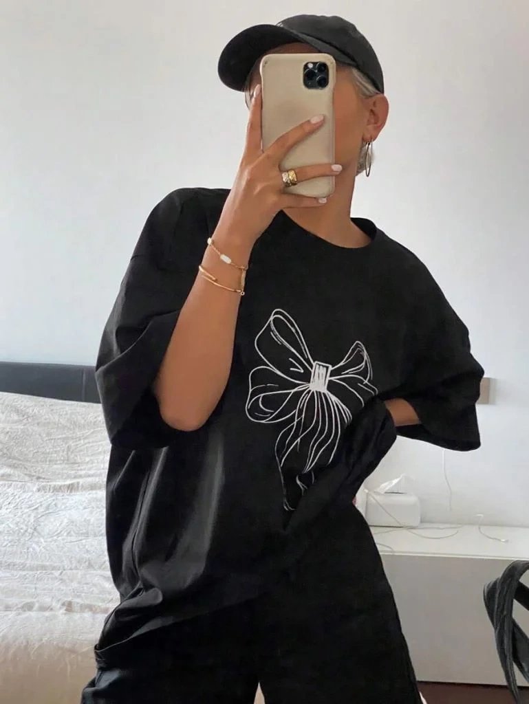 Femea Neagra Oversize Guler Bicicleta Tricou cu Imprimeu Funda 5