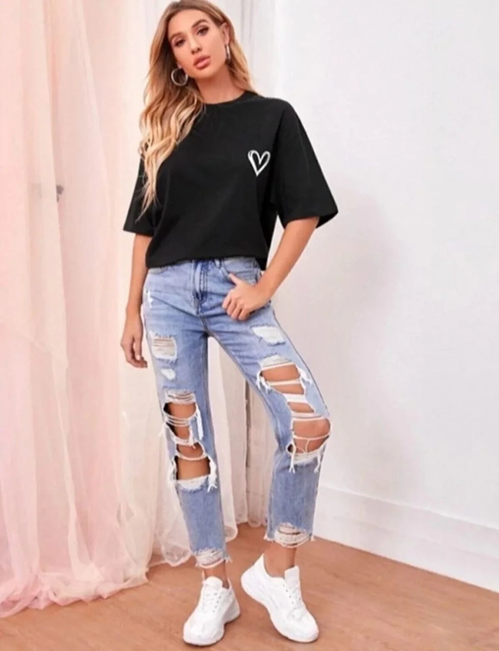 Damski czarny oversize rowerowy kołnierz z nadrukiem T-shirt 2
