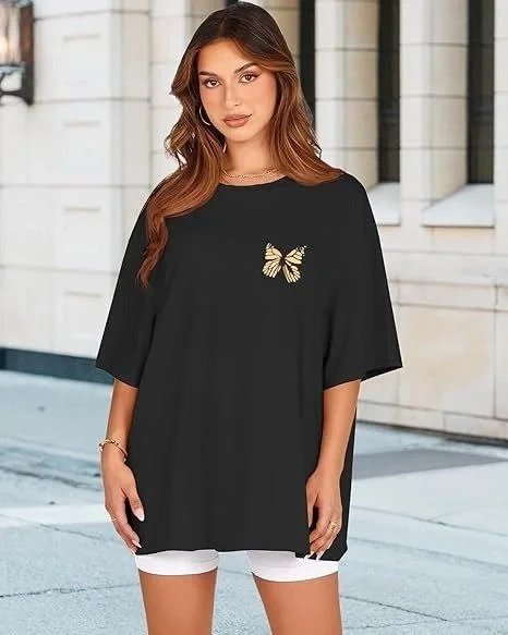 Femeie Neagră Oversize Guler Bicicletă Imprimat Tricou 5