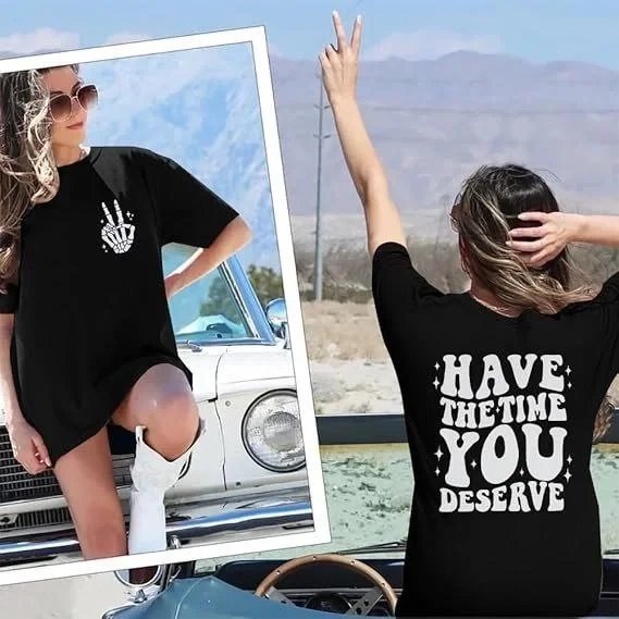 Γυναικείο Μαύρο Oversize Ποδηλατόλαιμο Τυπωμένο Μπλουζάκι 3