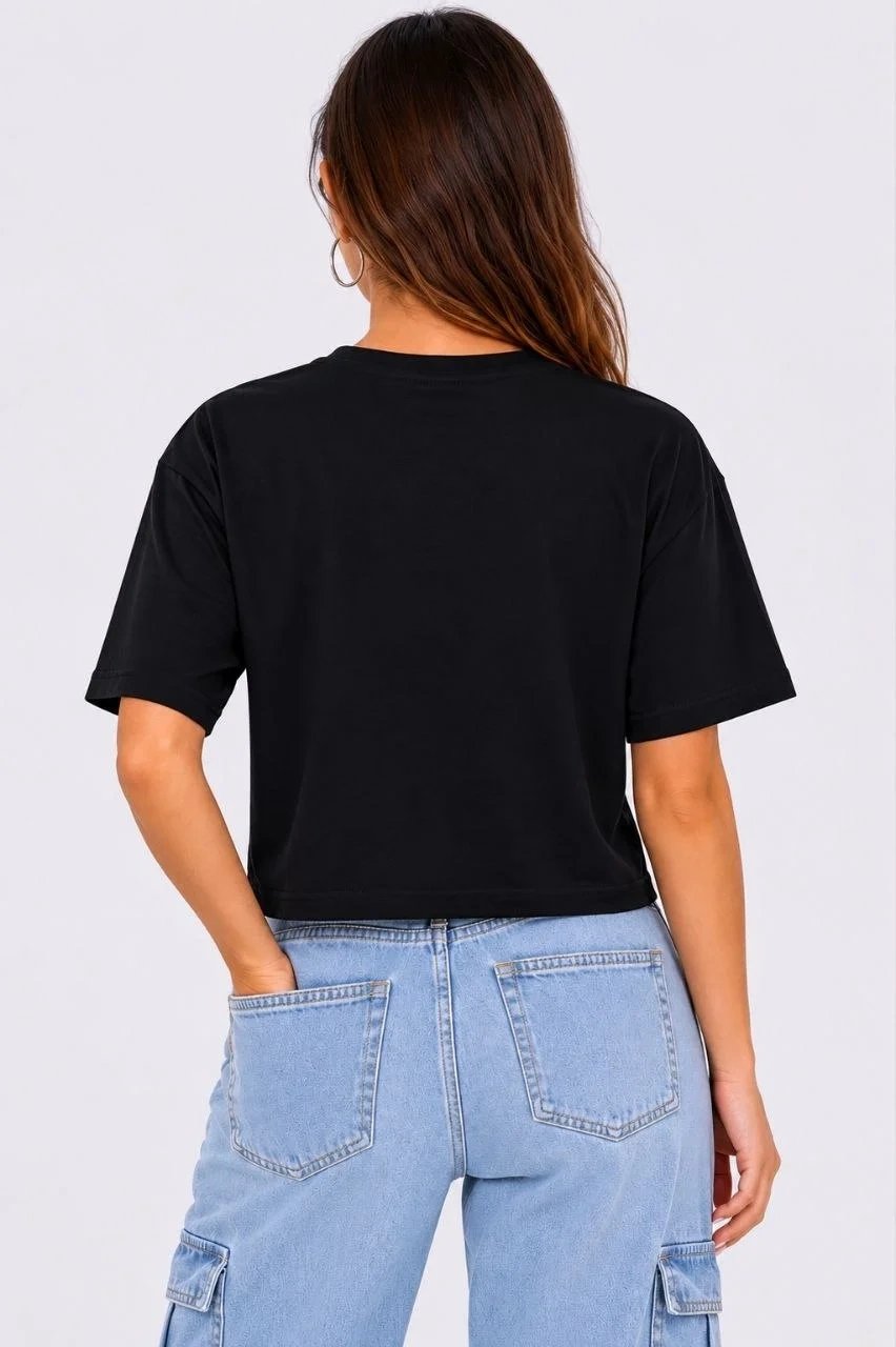 Ženska crna oversize mačka print crop majica 3