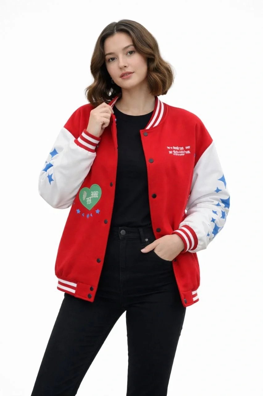 Women's Red Oversize 3-Thread Cotton Snap Button Printed College Jacket 3