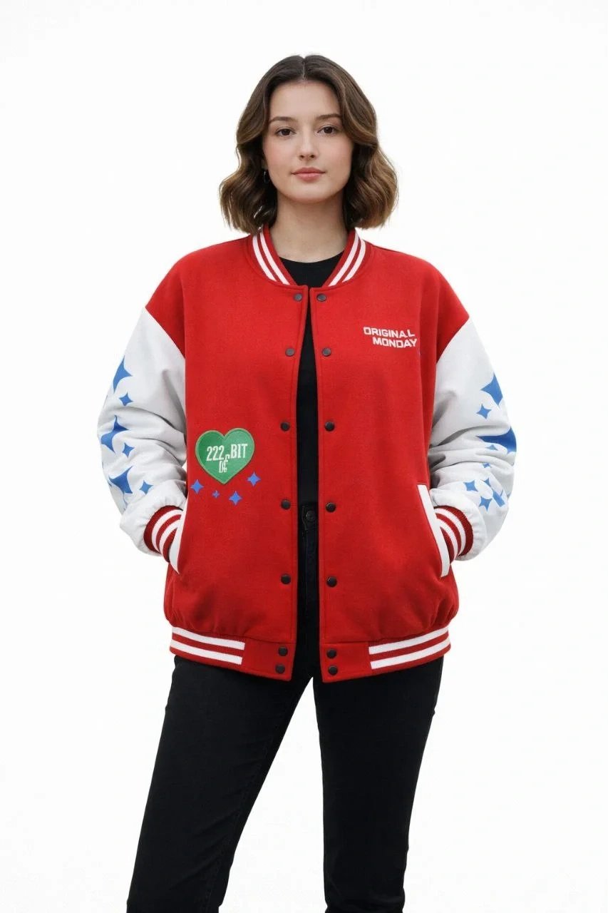 Women's Red Oversize 3-Thread Cotton Snap Button Printed College Jacket 4