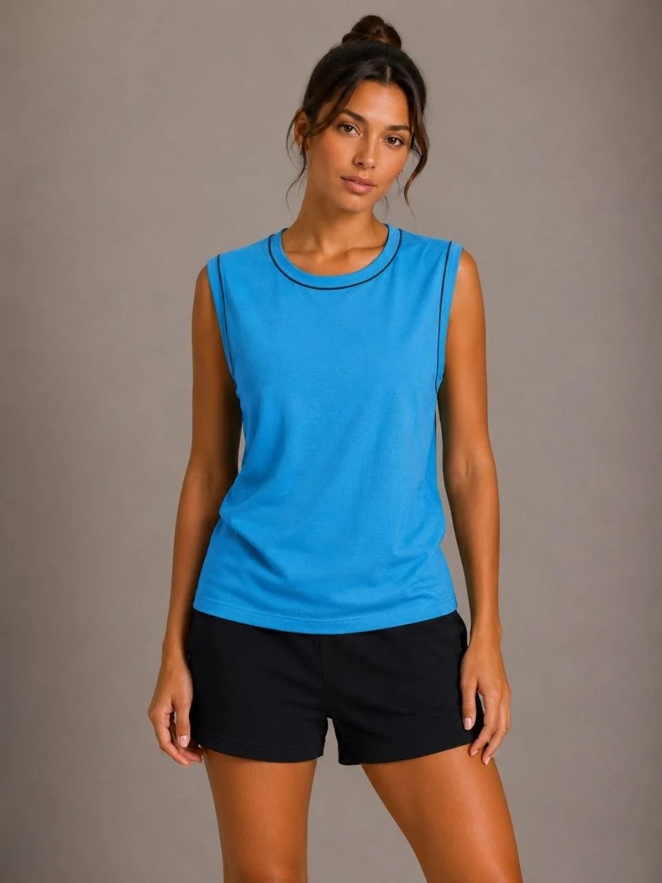 Women's Blue Contrast Binding Scoop Neck Basic Sleeveless Tank Top 3