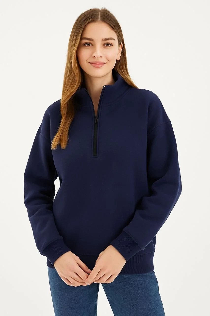 Women's Navy 3-Thread Cotton Stand Collar Half Zip Sweatshirt 4