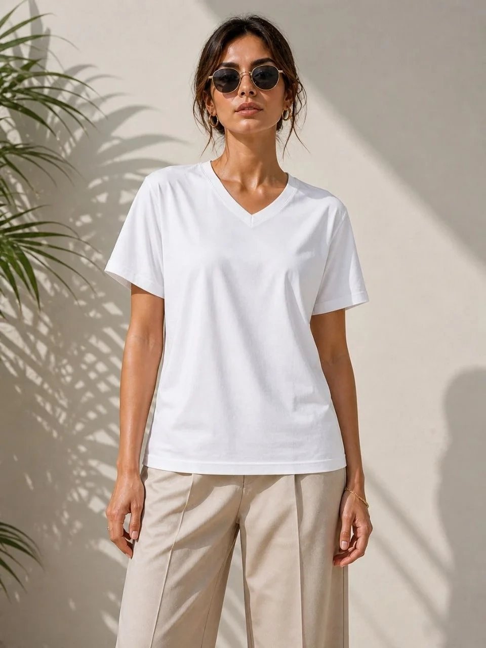 Femeie Alb Regular Decolteu V Mânecă Scurtă Tricou Basic 3