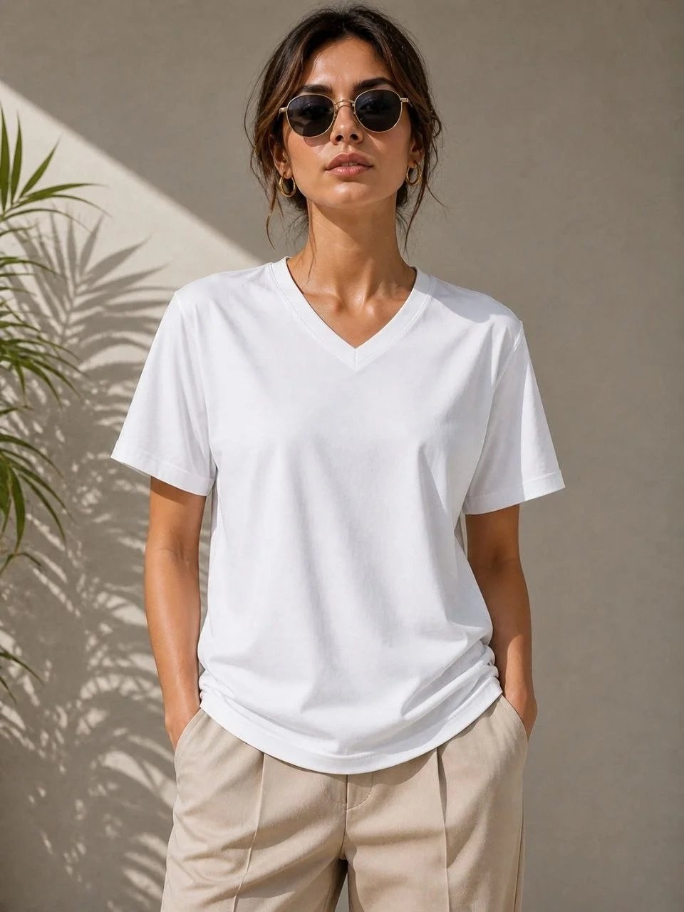 Femeie Alb Regular Decolteu V Mânecă Scurtă Tricou Basic 4