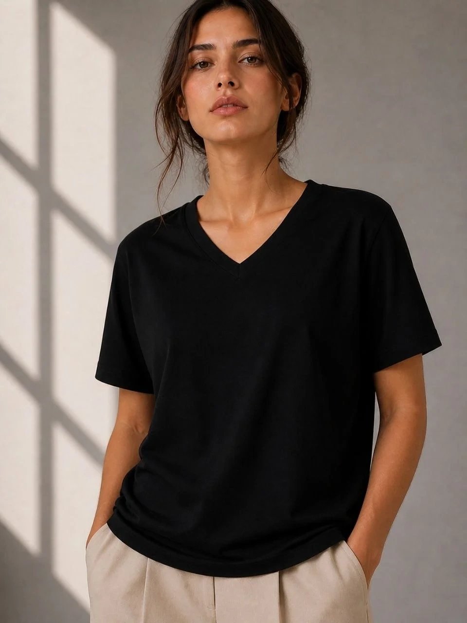 Femeie Negru Regular Decolteu V Mânecă Scurtă Tricou Basic 4