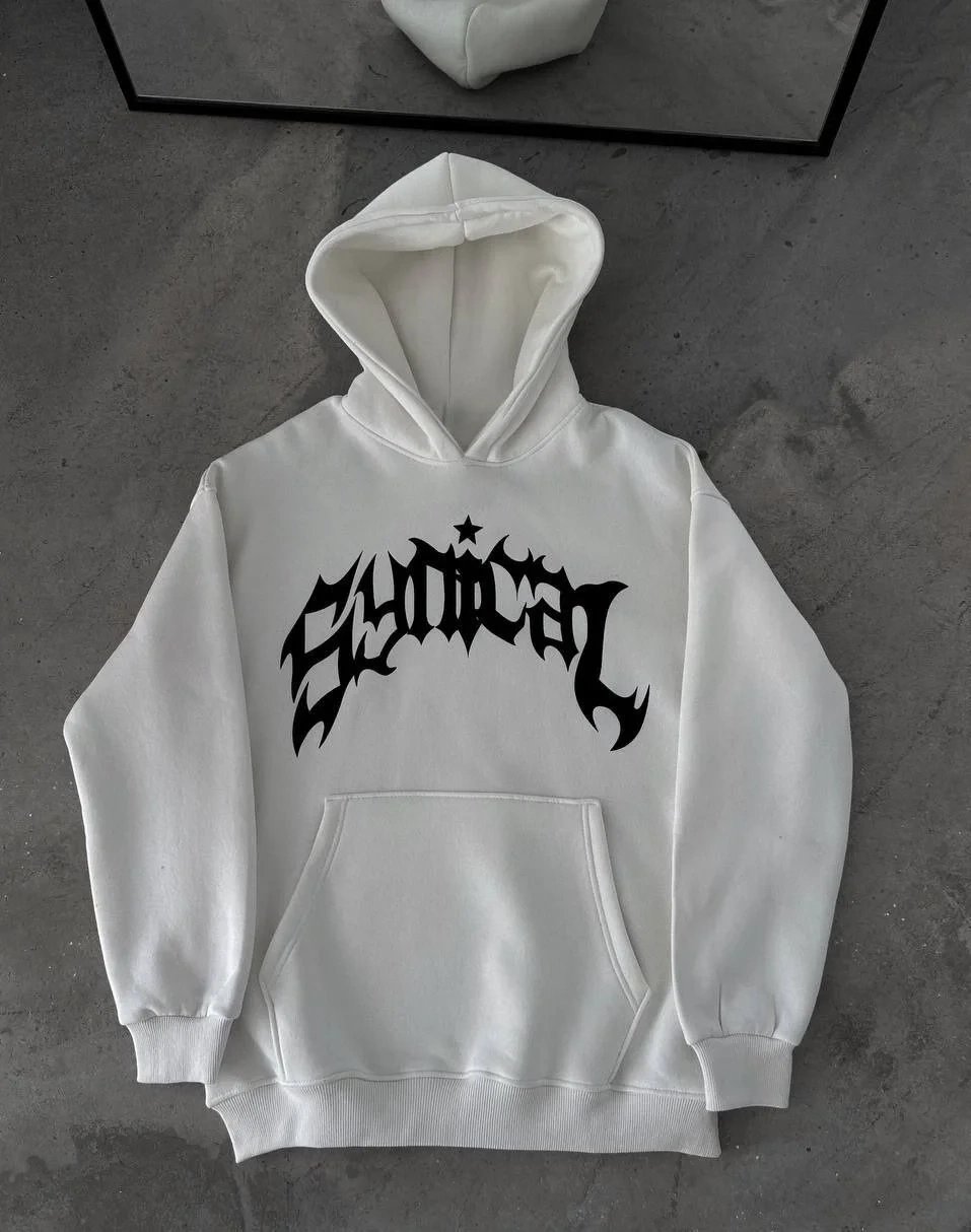 Men's White Hooded Kangaroo Pocket 3-Thread Cotton Printed Sweatshirt 2