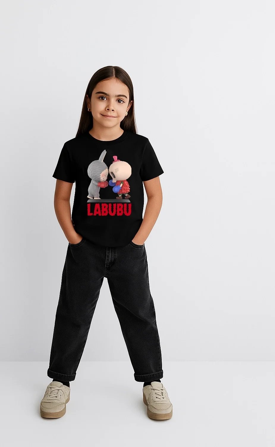 Kız Siyah Labubu Baskılı Oversize Tişört 2