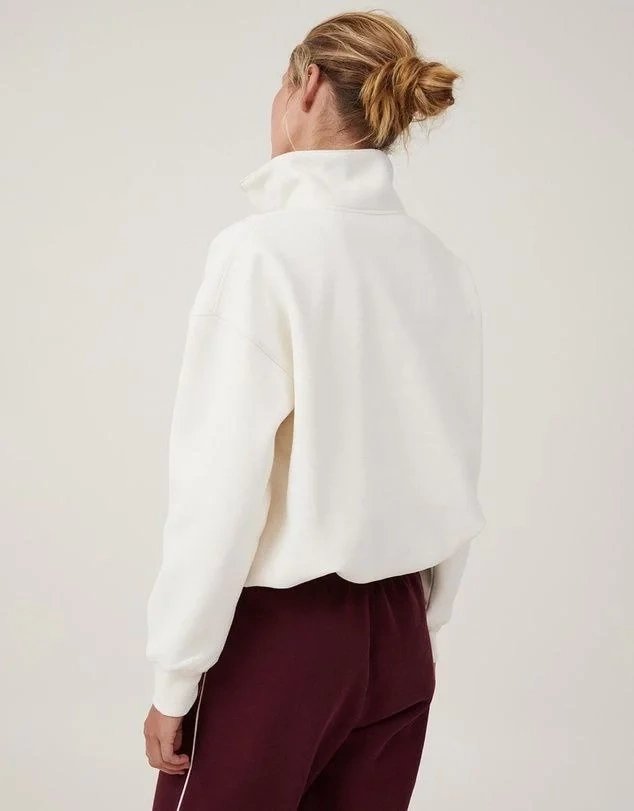 Women's White Oversize Half-Zip Cotton Basic Sweatshirt 3