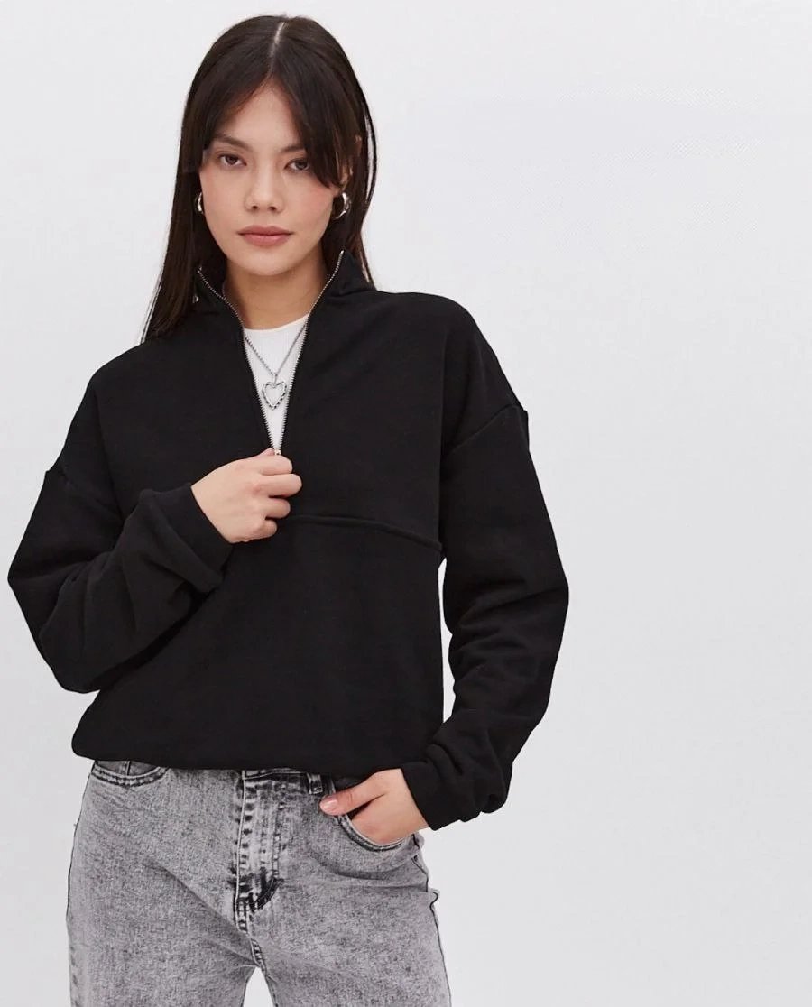 Γυναικείο Μαύρο Oversize 3-κλωνο Βαμβακερό Φούτερ με Μισό Φερμουάρ 3